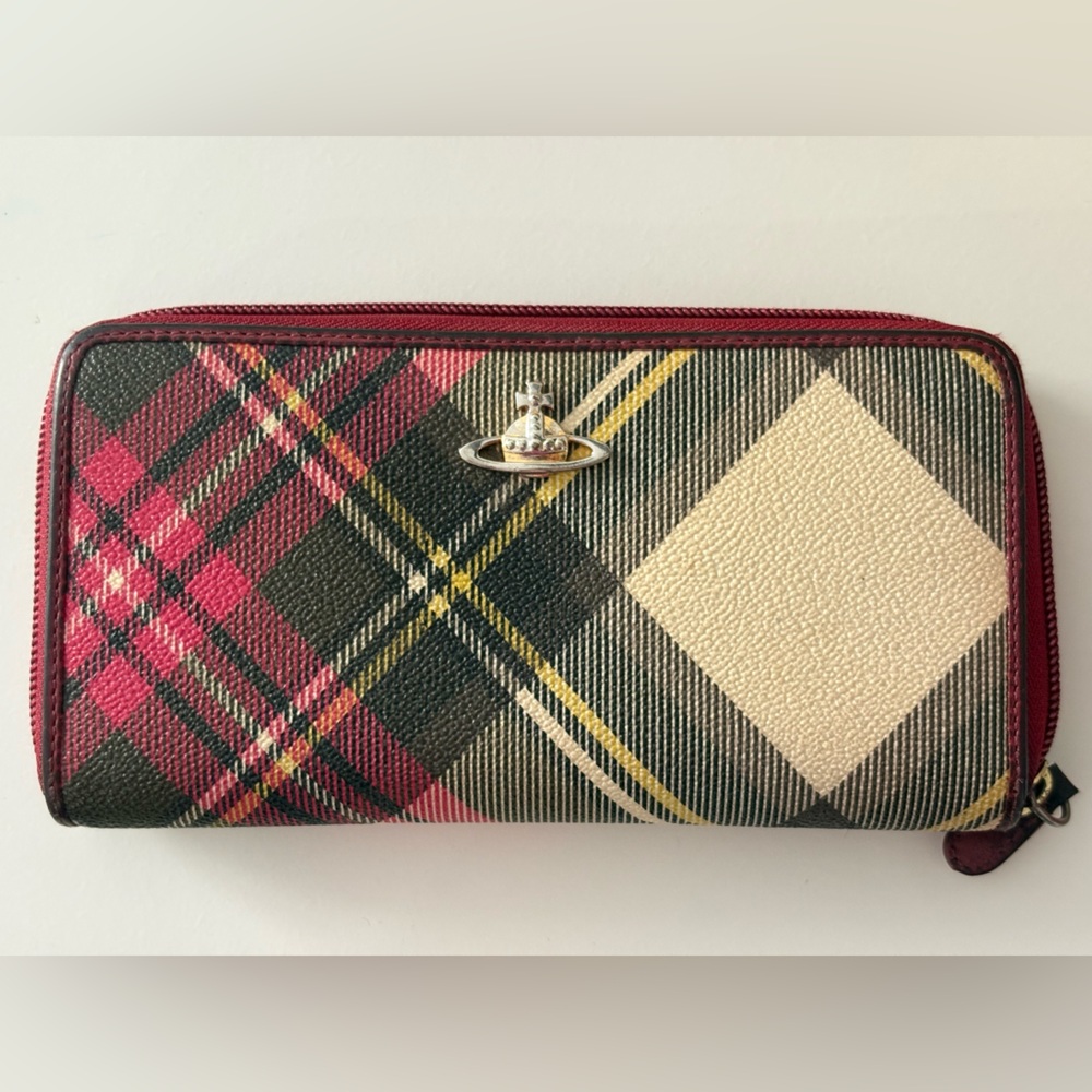 Vivienne Westwood Burgundy Black Cream Tartan Zip Wallet